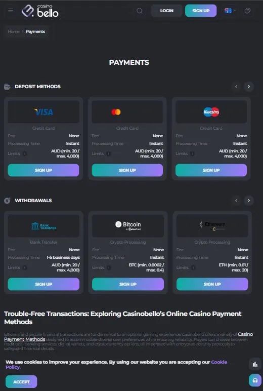 casino bello Payment Methods